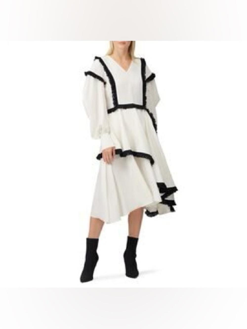 ADEAM White Black Trim Ruffle Tiered Midi Dress Asymmetrical Size 8